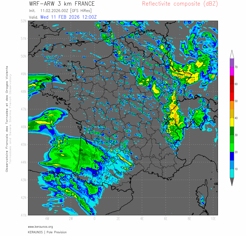 Le front froid associ&eacute; &agrave; la temp&ecirc;te Nils abordera la c&ocirc;te Atlantique en fin de journ&eacute;e. A l'arri&egrave;re, on distingue la tra&icirc;ne, tr&egrave;s dense, parfois orageuse avec risque : - de violentes rafales (100 &agrave; 130 km/h), - de gr&ecirc;le de 2 &agrave; 3 cm,- de tornade (surtout en d&eacute;but de nuit),- de puissants impacts de foudre > 300 kAA noter pour demain une forte composante orographique des pr&eacute;cipitations qui seront abondantes sur les reliefs expos&eacute;s &agrave; l'ouest.