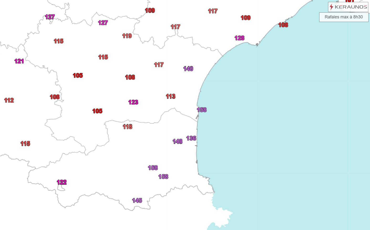 Temp&ecirc;te Nils - Les rafales s'accentuent nettement sur l'ouest du Languedoc avec &agrave; 8h30 :
- 158 km/h &agrave; Viv&egrave;s, Caixas (66) et Leucate, - 151 km/h au phare de Port-la-Nouvelle, - 148 km/h &agrave; Perpignan-Rivesaltes, - 140 km/h &agrave; Narbonne
