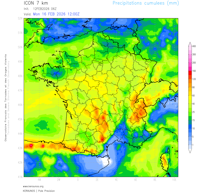 La p&eacute;riode actuelle est particuli&egrave;rement remarquable, et la pluviom&eacute;trie de l'hiver (d&eacute;cembre, janvier, f&eacute;vrier) sera par endroit exceptionnelle. D'ici lundi, de nouvelles perturbations vont concerner le pays, avec des cumuls notables quasiment partout, en particulier sur les versants ouest des reliefs et de nouvelles inondations et risques majeurs d'avalanches. Une am&eacute;lioration anticyclonique pourrait s'envisager en derni&egrave;re d&eacute;cade du mois (apr&egrave;s le 20 f&eacute;vrier mais &agrave; confirmer).