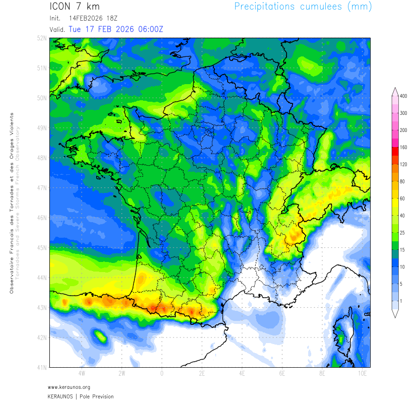 Encore beaucoup de pluie &agrave; venir pour ces 48 prochaines heures, avec effets de blocage sur les massifs, surtout sur les Pyr&eacute;n&eacute;es demain lundi et les Alpes du nord. Les cumuls d&eacute;passeront 50 mm sur ces reliefs expos&eacute;s au nord et &agrave; l'ouest.