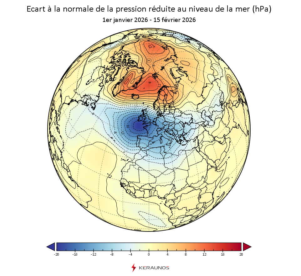 C'est au large de la Bretagne que se situe depuis le 1er janvier la plus forte anomalie n&eacute;gative de pression observ&eacute;e sur la plan&egrave;te : &eacute;cart &agrave; la normale de -19 hPa, une valeur remarquable pour une moyenne sur 45 jours. D'o&ugrave; le d&eacute;fil&eacute; ininterrompu de perturbations depuis le d&eacute;but de l'ann&eacute;e sur la France.