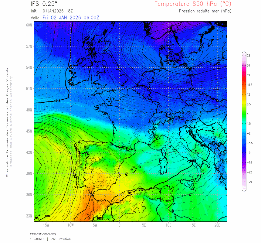 A l'arri&egrave;re d'un front froid neigeux, une nouvelle descente d'air froid est attendu pour ce d&eacute;but d'ann&eacute;e, avec une masse d'air passant parfois sous les -10&deg;C vers 1500 m. Des journ&eacute;es sans d&eacute;gel sont attendues, avec des maximales parfois bien sous les 0&deg;C et des minimales sous -10&deg;C sur les sols enneig&eacute;s du nord-est et des reliefs.