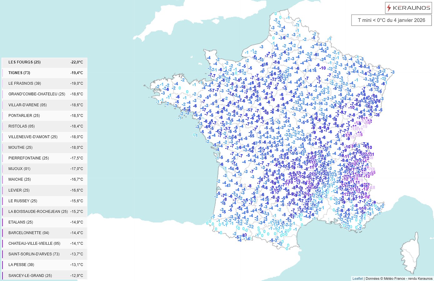 Gel quasi g&eacute;n&eacute;ralis&eacute; sur la France la nuit derni&egrave;re, sauf sur la Corse et d'&eacute;troites bandes littorales. Des valeurs sous les -15 voire -20&deg;C relev&eacute;es sur les plateaux du Jura dans des sites expos&eacute;s au froid.