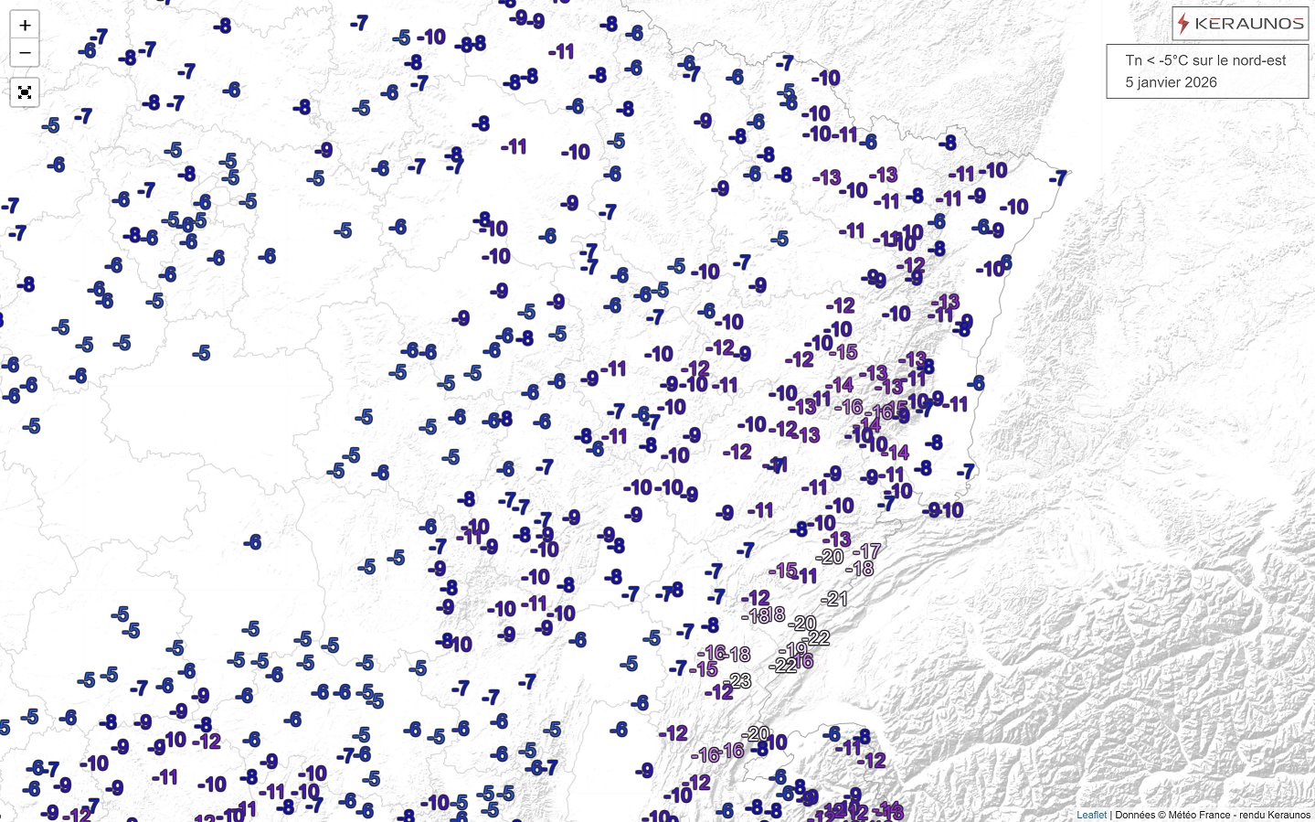 Plusieurs minimales sous les -20&deg;C relev&eacute;es dans le Jura la nuit derni&egrave;re avec par exemple :&nbsp;-22,6&deg;C au Frasnois (39) -22,5&deg;C aux Fourgs (25) -21,7&deg;C &agrave; Mouthe (25) -20,3&deg;C &agrave; Mijoux (01) -20,1&deg;C &agrave; Pontarlier (25)