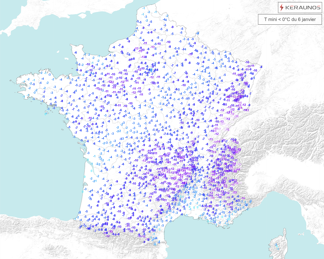 Grand froid sur les sols enneig&eacute;s dans le nord-ouest avec -10 &agrave; -13&deg;C de la Normandie &agrave; l'Oise. Valeurs tr&egrave;s basses dans les plaines du sud-ouest avec -8 &agrave; -12&deg;C en Midi-Pyr&eacute;n&eacute;es, jusqu'&agrave; -15&deg;C sur le Massif Central et sous les -20&deg;C dans le Jura.