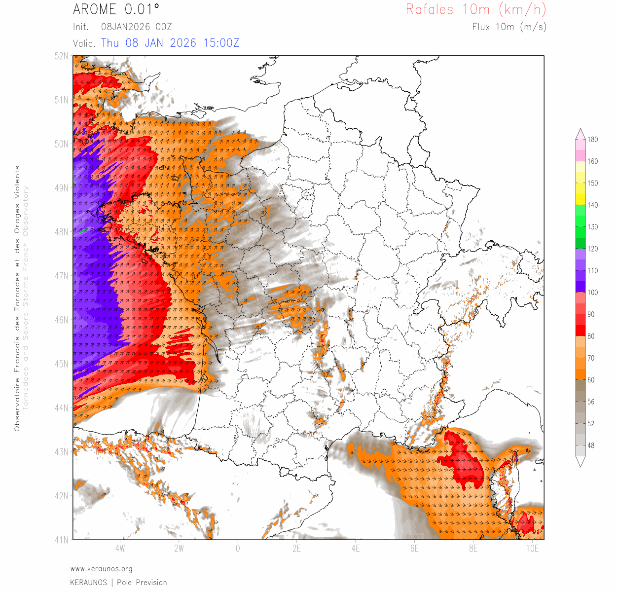 Accord relativement bon entre les mod&egrave;les concernant la temp&ecirc;te Goretti avec des vents pouvant exc&eacute;der 150 km/h sur le littoral du d&eacute;partement de la Manche, potentiellement le plus touch&eacute; avec le Calvados o&ugrave; l'int&eacute;rieur conna&icirc;trait des rafales > 120 km/h. La d&eacute;pression circulera en Manche la nuit prochaine.