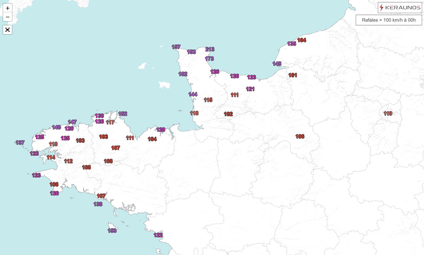 A minuit, les rafales maximales atteignent jusqu'&agrave; 182 km/h &agrave; Barneville-Carteret dans la Manche avec un vent moyen sur 10 min jusqu'&agrave; 124 km/h sous la temp&ecirc;te Goretti. Les 213 km/h relev&eacute;s &agrave; Gatteville-le-Phare le sont sur une station plus &eacute;lev&eacute;e que la norme et donc la valeur n'est pas repr&eacute;sentative de l'environnement.