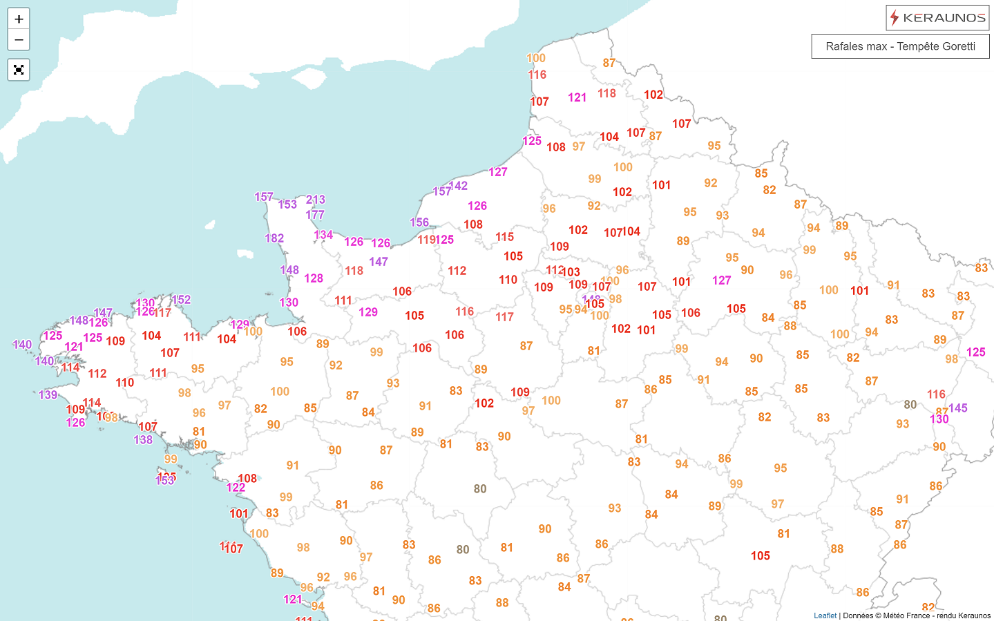 Pr&egrave;s de 120 rafales de vent ont d&eacute;pass&eacute; les 100 km/h sur le nord du pays au passage de la temp&ecirc;te Goretti ces derni&egrave;res heures. A retenir, outre les 213 km/h au s&eacute;maphore de Gateville-le-Phare, des valeurs de 160 &agrave; 180 km/h sur le littoral normand, parfois jusqu'&agrave; 130 voire 140 dans l'int&eacute;rieur (147 &agrave; Caen-Carpiquet).