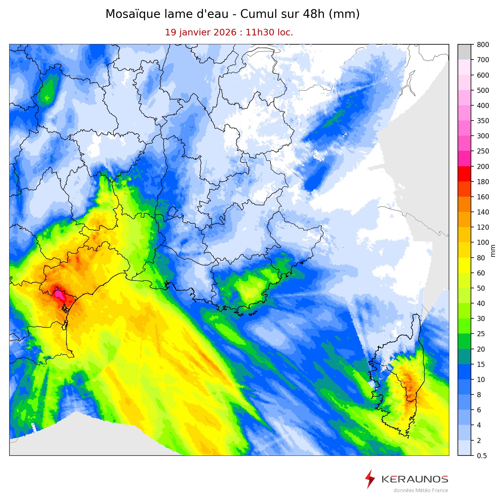 Les cumuls les plus marqu&eacute;s sur l'ouest du Languedoc depuis hier se concentrent sur le nord-est de l'Aude, entre Narbonnais et bassin de la Cesse avec 180 &agrave; 240 mm en 48h.