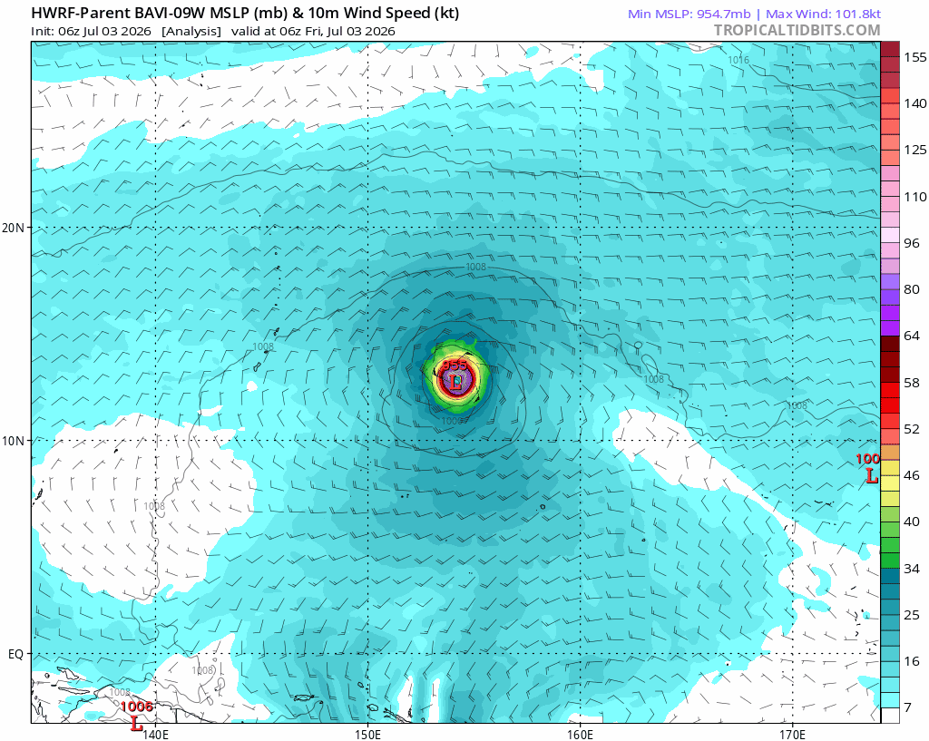 D'ici la fin du week-end, le typhon Bavi devrait franchir la cha&icirc;ne des &icirc;les Mariannes dans le Pacifique avec une intensit&eacute; proche de l'&eacute;quivalent cat&eacute;gorie 4 ou 5 (925 hPa projet&eacute;). Par la suite, les mod&eacute;lisations l'am&egrave;nent sous 890 hPa en direction de Ta&iuml;wan.