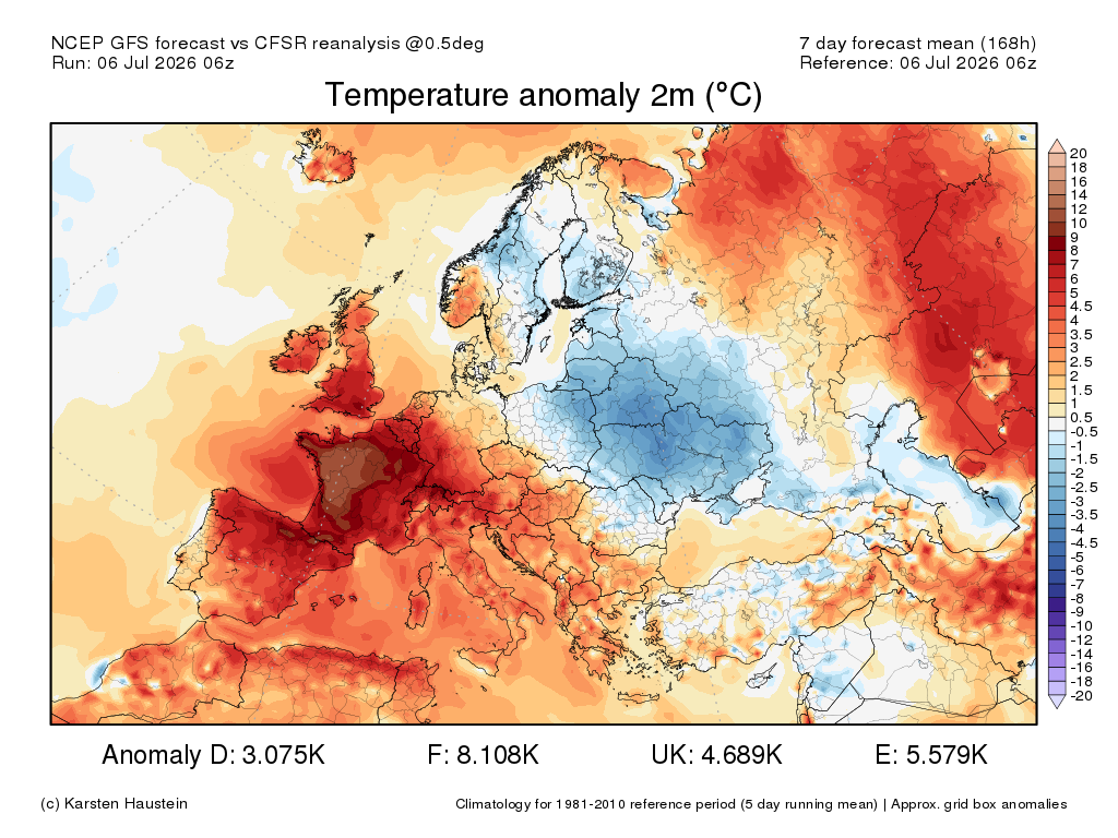La semaine s'annonce une nouvelle fois extr&ecirc;mement chaude avec une dorsale anticyclonique ax&eacute;e du Maroc &agrave; la France, qui pourrait m&ecirc;me se renforcer encore entre WE prochain et 14 juillet... L'anomalie hebdomadaire s'annonce proche de 8&deg;C sur la France selon le mod&egrave;le am&eacute;ricain.