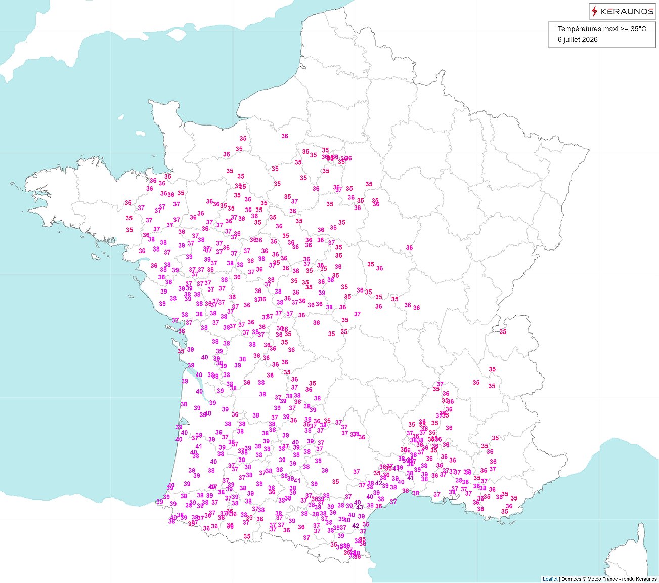 13 stations ont d&eacute;pass&eacute; 40&deg;C ce lundi avec 41 &agrave; 43&deg;C entre Corbi&egrave;res, Minervois et arri&egrave;re pays de l'H&eacute;rault (42.7&deg;C &agrave; Argeliers, 41.6&deg;C &agrave; Durban-Corbi&egrave;res ou Soumont). On a &eacute;galement relev&eacute; 40 &agrave; 41&deg;C entre Gironde et Landes. Les tr&egrave;s fortes chaleurs (> 35&deg;C) ont regagn&eacute; le nord de la Loire.