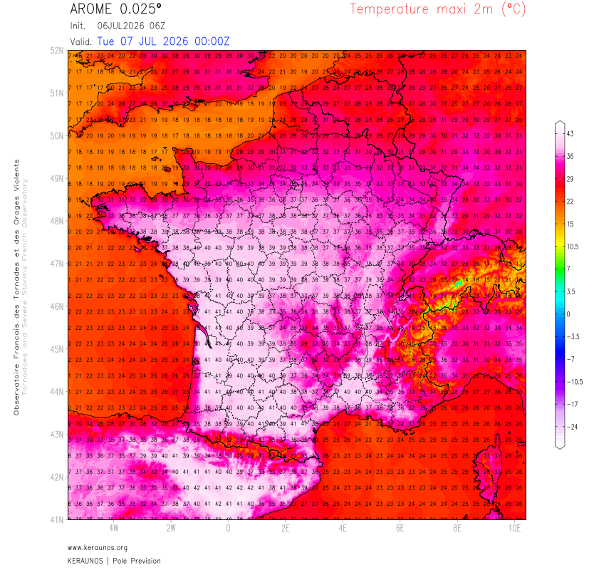 Demain mardi, &agrave; nouveau, les 40&deg;C pourraient atteindre la Loire et vont se maintenir dans l'int&eacute;rieur du Languedoc avec des pointes &agrave; 41/42&deg;C, tout comme en Aquitaine. Nouveaut&eacute; en bord de M&eacute;diterran&eacute;e : un r&eacute;gime de brise va gagner le proche int&eacute;rieur l'apr&egrave;s-midi mais retour d'un vent de terre attendu mercredi.