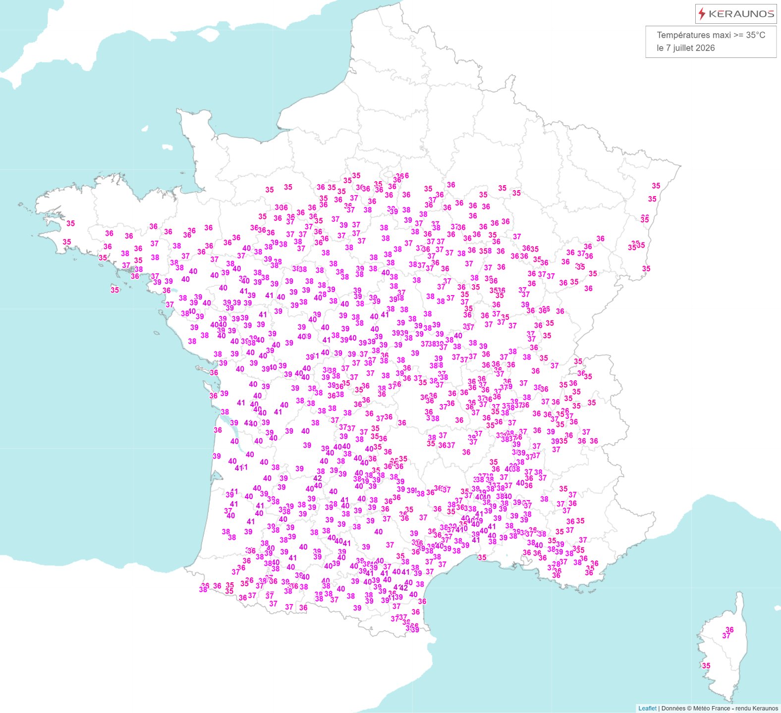 Comme attendu, les 40&deg;C ont atteint la Loire ce mardi avec de tr&egrave;s fortes chaleurs sur les trois quarts du pays. Pr&egrave;s de 80 stations atteignent les 40&deg;C ce jour. Il a fait jusqu'&agrave; 41.5&deg;C dans l'Aude et l'H&eacute;rault.
* 5&egrave;me jour de l'&eacute;t&eacute; &agrave; 40&deg;C et plus &agrave; Bordeaux-M&eacute;rignac (40.7&deg;C).&nbsp;
* Record mensuel battu &agrave; Carcassonne (40.4&deg;C contre 40.2&deg;C en juillet 1982).