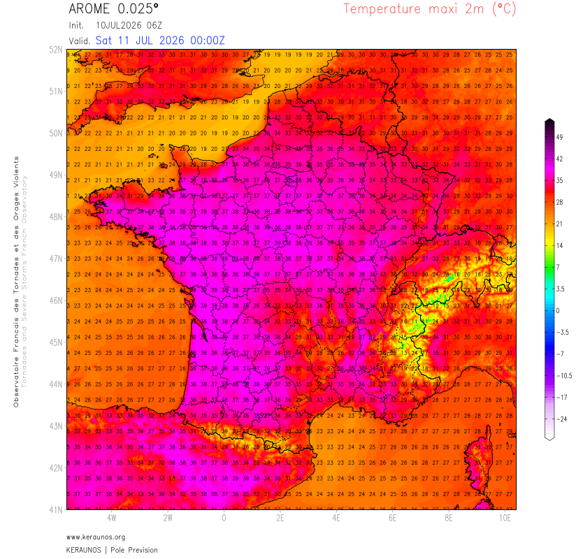 Demain samedi, on rentre dans le c&oelig;ur de l'&eacute;pisode caniculaire (jusqu'&agrave; mercredi au moins) avec reconstitution de la dorsale anticyclonique par l'ouest. Les valeurs seront en hausse avec 35 &agrave; 39&deg;C dans l'ouest apr&egrave;s des minimales localement proches de 24 &agrave; 25&deg;C.
