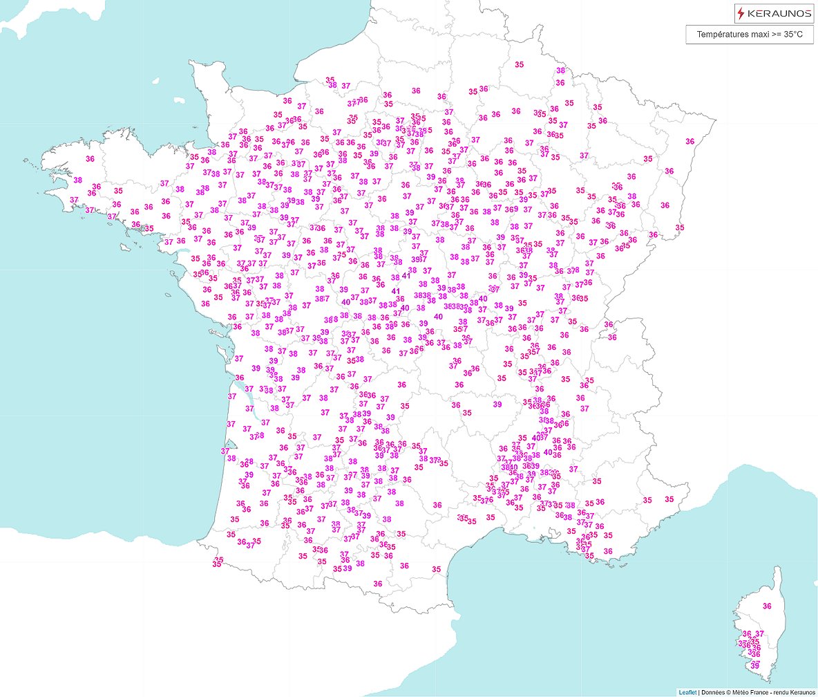 Maximales de 35 &agrave; 40&deg;C cet apr&egrave;s-midi sur les trois quarts de la France avec fr&eacute;quemment 38/39&deg;C dans l'ouest. Des orages &eacute;clatent par ailleurs entre Alpes et Massif-Central avec localement des ph&eacute;nom&egrave;nes intenses. Il est tomb&eacute; plus de 80 mm &agrave; la station du Puy-Loud&egrave;s (43).