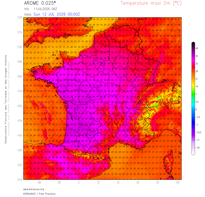 Demain dimanche, les temp&eacute;ratures seront en hausse avec 39 &agrave; 41&deg;C dans l'ouest, localement jusqu'&agrave; 42&deg;C possibles. La nuit prochaine, minimales proches de 24/25&deg;C possibles dans le centre-ouest.