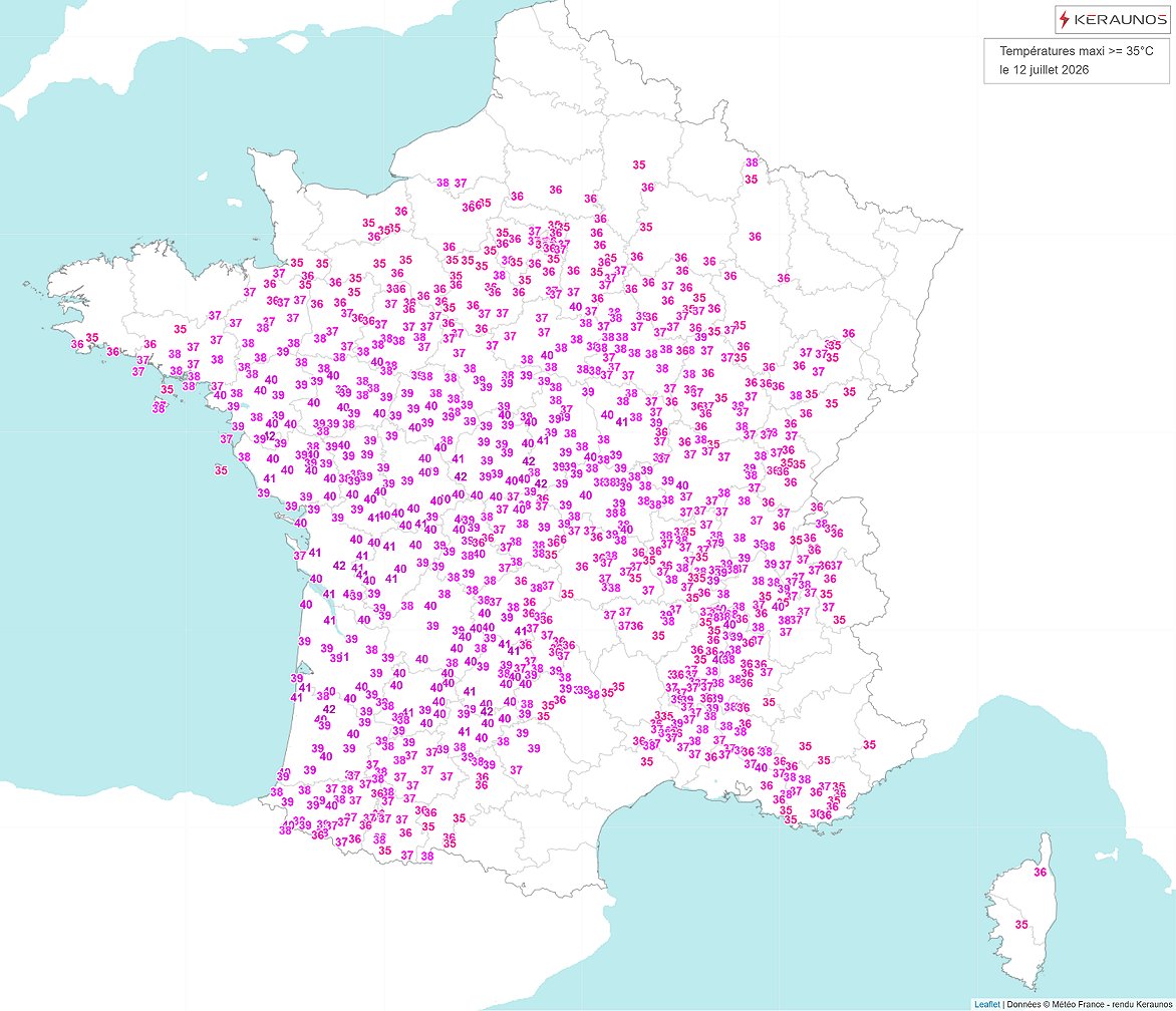 70 station de l'ouest du pays ont d&eacute;pass&eacute; les 40&deg;C ce dimanche apr&egrave;s-midi avec localement 41/42&deg;C relev&eacute;s. Les tr&egrave;s fortes chaleurs (> 35&deg;C) sont pr&eacute;sentes sur les trois quarts de la France.