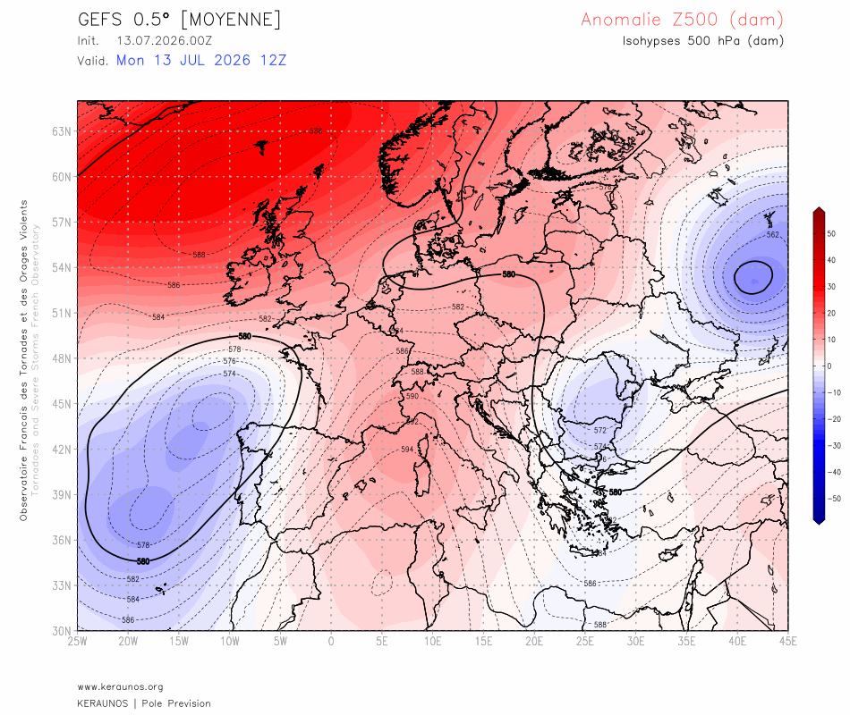 La dorsale anticyclonique va c&eacute;der d'ici jeudi et laisser passer le cut-off portugais sous forme d'un thalweg en comblement. Des orages sont ainsi pr&eacute;vus quotidiennement d'ici au WE. La dorsale va r&eacute;trograder sur l'Atlantique mais devrait &agrave; nouveau s'implanter depuis le nord de l'Afrique d&egrave;s le week-end. De son positionnement exacte d&eacute;pendra une nouvelle remont&eacute;e d'air br&ucirc;lant la semaine prochaine. C'est pour l'heure incertain. Les conditions anticycloniques vont en tout cas persister...