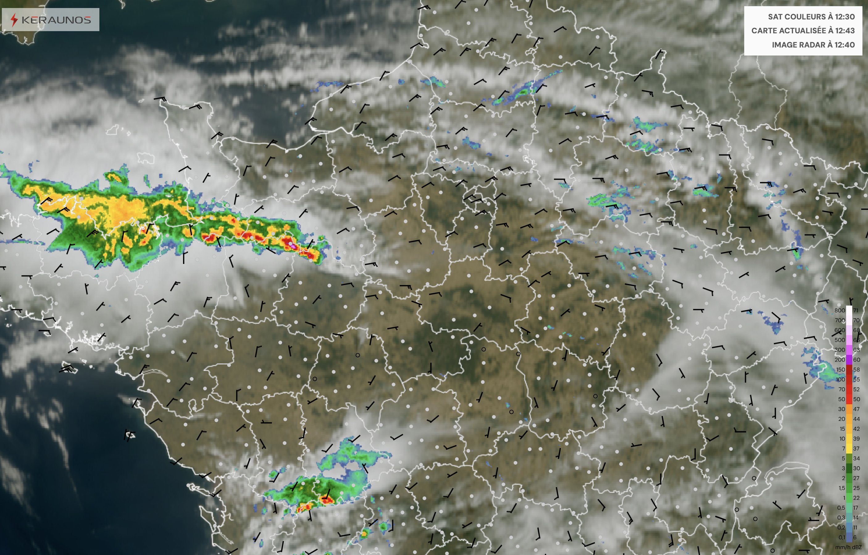 Des orages d'intensit&eacute; faible &agrave; mod&eacute;r&eacute;e &eacute;clatent sur le nord-ouest et le centre-ouest en ce d&eacute;but d'apr&egrave;s-midi. Le flux d'est &agrave; nord-est continental tr&egrave;s sec est soutenu sur le tiers nord, assez d&eacute;favorable pour l'incendie en for&ecirc;t de Fontainebleau (vent moyen &agrave; 15/20 kts).