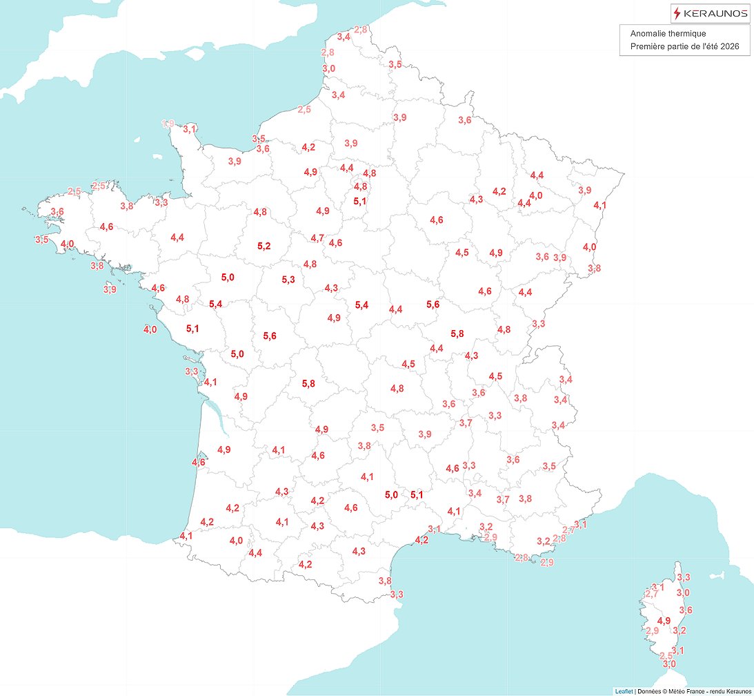 Nous arrivons &agrave; la moiti&eacute; de l'&eacute;t&eacute; m&eacute;t&eacute;orologique. Les chiffres sont accablants : anomalie thermique de +3.5 &agrave; +5.5&deg;C selon les stations (+4.2&deg;C &agrave; l'&eacute;chelle nationale). Seulement 6 jours sur 44 sous les normales 91-2020.C&ocirc;t&eacute; pluviom&eacute;trie, les d&eacute;ficits varient entre 50 et 100%, proches de 66% &agrave; l'&eacute;chelle nationale.&nbsp;