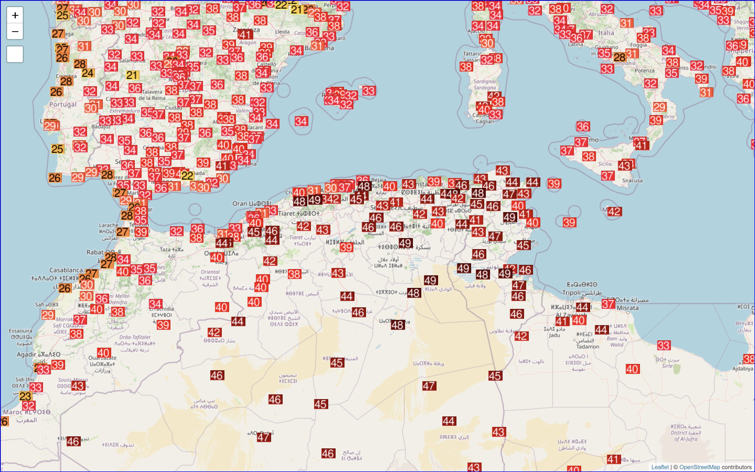 Chaleur extr&ecirc;me remarquable sur le nord du Maghreb avec parfois plus de 49&deg;C comme &agrave; Kairouan en Tunisie (49,3&deg;C) ou &agrave; Ain Defla en Alg&eacute;rie (49,1&deg;C). Carte Ogimet