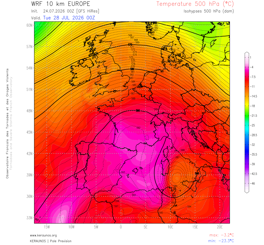 En d&eacute;but de semaine, apr&egrave;s le passage de la d&eacute;gradation orageuse de demain samedi, une dorsale anticyclonique va rapidement se reconstituer. Elle va drainer une masse d'air remarquablement chaude en altitude (-4&deg;C au niveau 500 hPa) faisant monter l'isotherme 0&deg;C au-dessus de 5000 m d'altitude en M&eacute;diterran&eacute;e.