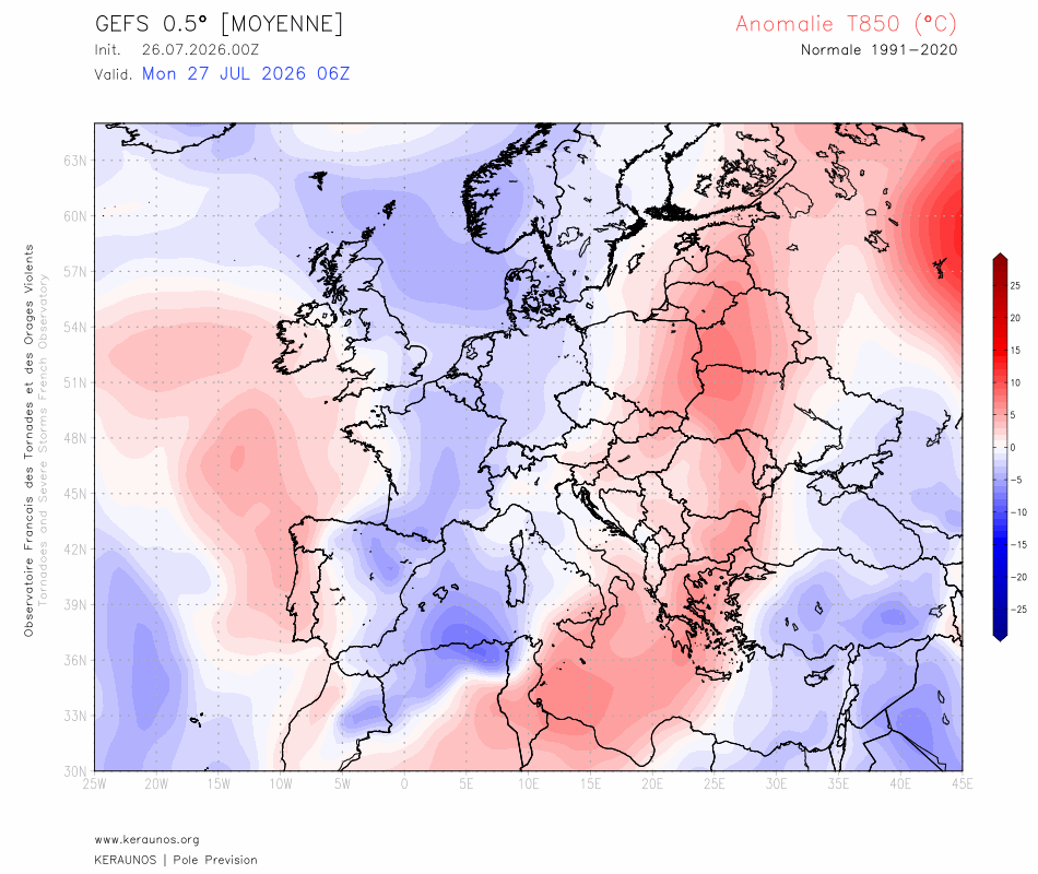 Une nouvelle dorsale anticyclonique va se d&eacute;velopper la semaine prochaine, davantage ax&eacute;e SO/NE que les pr&eacute;c&eacute;dents &eacute;pisodes. L'anomalie thermique &agrave; 1500 m va &agrave; nouveau d&eacute;passer les 10&deg;C en milieu de semaine, avec un temps caniculaire jusqu'&agrave; d&eacute;but ao&ucirc;t au moins. La masse d'air pr&eacute;vue (> 26&deg;C &agrave; 850 hPa) pourrait &ecirc;tre plus chaude que les pr&eacute;c&eacute;dents &eacute;pisodes.