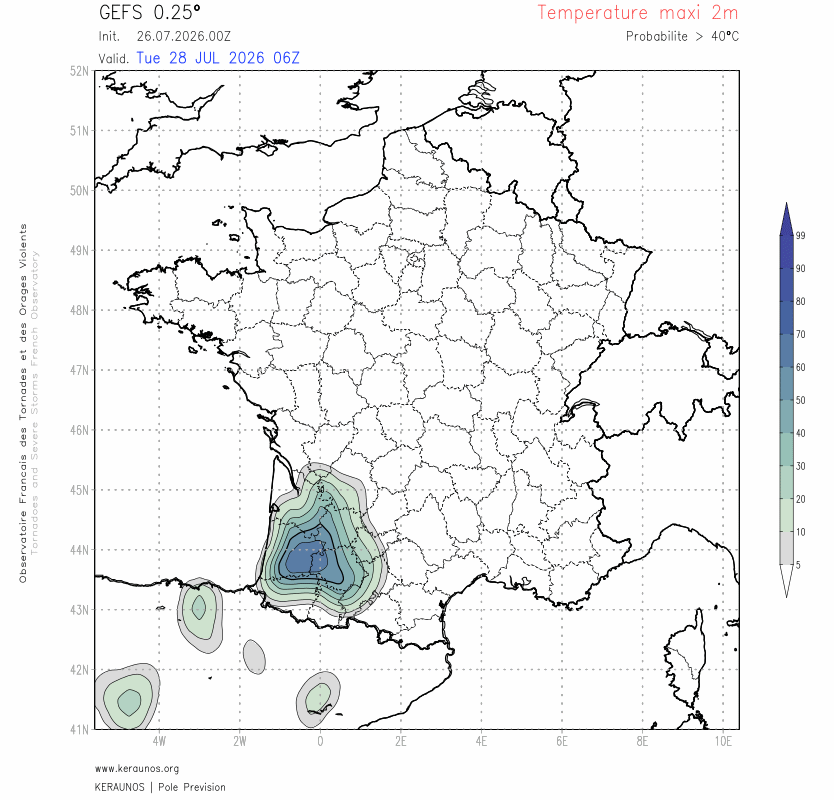 En milieu de semaine, des valeurs > 40&deg;C sont attendues dans l'ouest. Puis l'inclinaison SO-NE de la dorsale devrait &eacute;jecter les T > 40&deg;C sur un axe Pyr&eacute;n&eacute;es-Est de la France. Quelques s&eacute;quences orageuses seront possibles dans l'ouest notamment. Les valeurs > 40&deg;C auront tendance &agrave; persister des Pyr&eacute;n&eacute;es &agrave; l'est de la France.