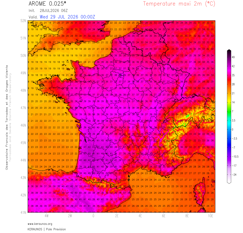 35 &agrave; 38&deg;C sur l'Aquitaine et une partie de Midi-Pyr&eacute;n&eacute;es ce mardi apr&egrave;s-midi, sous un ciel &agrave; nouveau terni par les fum&eacute;es en nord Gironde notamment. Les vents sont g&eacute;n&eacute;ralement faibles mais l'humidit&eacute; relative est autour de 20 &agrave; 25% en Aquitaine.
Demain mercredi, on devrait d&eacute;passer les 40&deg;C dans le sud-ouest, avant un baisse attendue jeudi en Aquitaine notamment. Les tr&egrave;s fortes chaleurs s'installent plus durablement dans l'est.