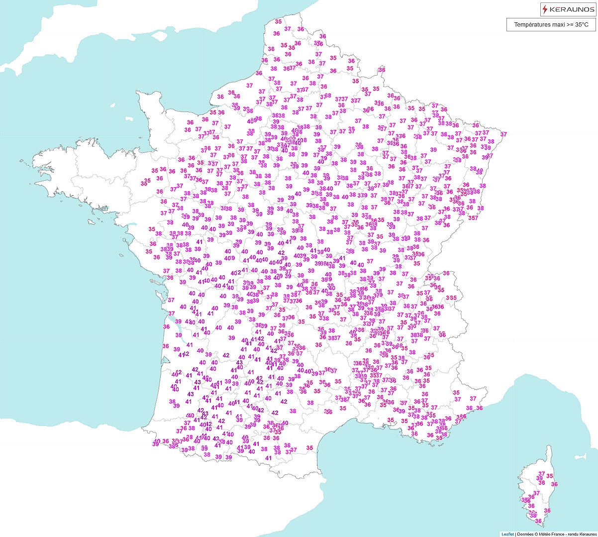 Tr&egrave;s fortes chaleurs quasi g&eacute;n&eacute;ralis&eacute;es ce mercredi avec jusqu'&agrave; plus de 42&deg;C entre Aquitaine et ouest de l'Occitanie et 140 valeurs > 40&deg;C. Des records mensuels sont battus &agrave; Brive, Bergerac, Gourdon, Montauban, Albi, Agen, Auch ou Cognac dans le sud-ouest avec fr&eacute;quemment 41/42&deg;C.
Pour la 6&egrave;me fois cet &eacute;t&eacute; et la deuxi&egrave;me fois en juillet, les 40&deg;C sont d&eacute;pass&eacute;s &agrave; Bordeaux-M&eacute;rignac avec 40.7&deg;C de maximale. Climatologiquement (sur la normale 91-2020) en juillet, le centile 99 et de 40.1&deg;C sur cette station. Les 40&deg;C sont ainsi statistiquement d&eacute;pass&eacute;s une fois tous les 100 ans.
Pour la premi&egrave;re fois depuis le d&eacute;but des mesures il y a 70 ans, les 40&deg;C sont franchis &agrave; Tarbes-Ossun avec une maximale de 40.2&deg;C, battant les 39.9&deg;C d'ao&ucirc;t 2023.