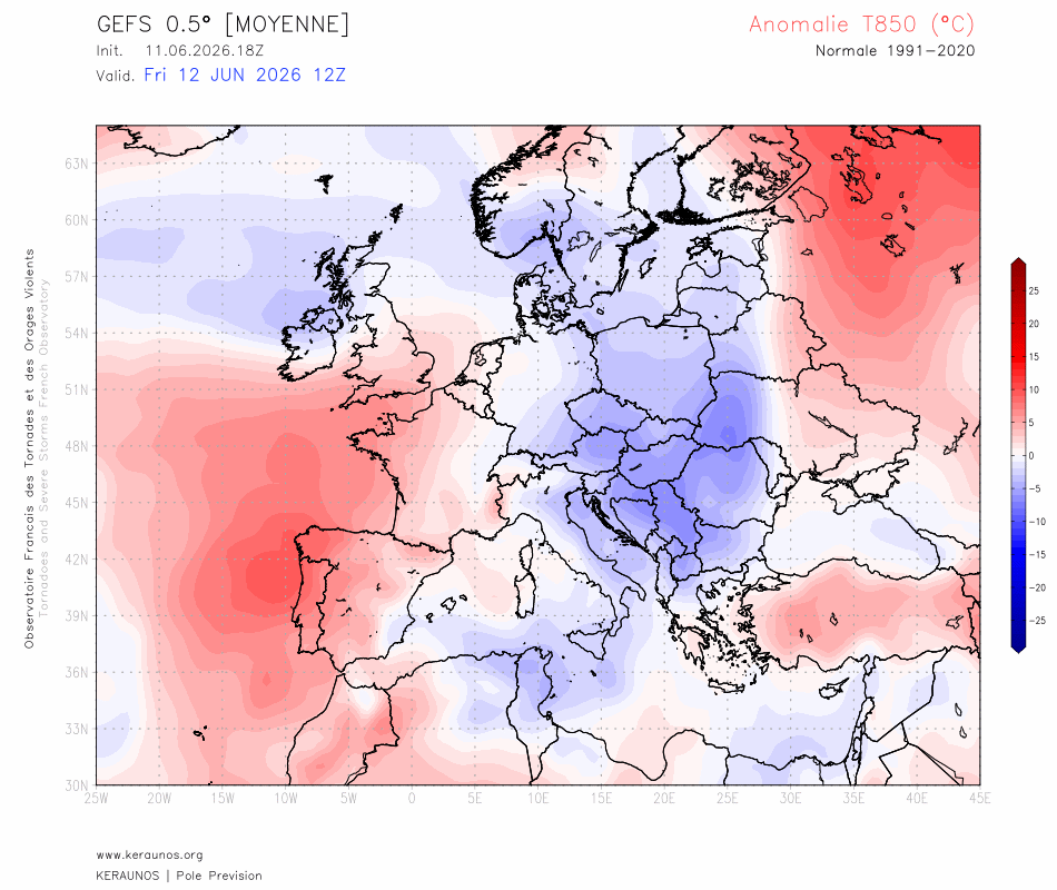 Retour de fortes chaleurs d&egrave;s ce week-end avec une dorsale anticyclonique. Une faiblesse est pr&eacute;vue entre dimanche et lundi sur le nord du pays surtout avant reconstitution d'une puissante dorsale ensuite.
L'anomalie thermique chaude va ainsi s'accentuer la semaine prochaine avec probable &eacute;pisode caniculaire, au moins dans le sud.
Pour l'heure, le risque d'orages organis&eacute;s reste incertain et ne devrait pas intervenir avant fin de semaine prochaine au plus t&ocirc;t.