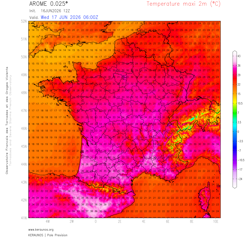 Ce mercredi, d&eacute;but des tr&egrave;s fortes chaleurs qui tendent &agrave; se g&eacute;n&eacute;raliser sur le sud du pays avec souvent 34 et 36&deg;C, parfois 37&deg;C en basse vall&eacute;e du Rh&ocirc;ne, vall&eacute;e de l'Aude ou sud Aquitaine. Le risque orageux va rester cantonn&eacute; aux reliefs du sud et tr&egrave;s peu organis&eacute;.