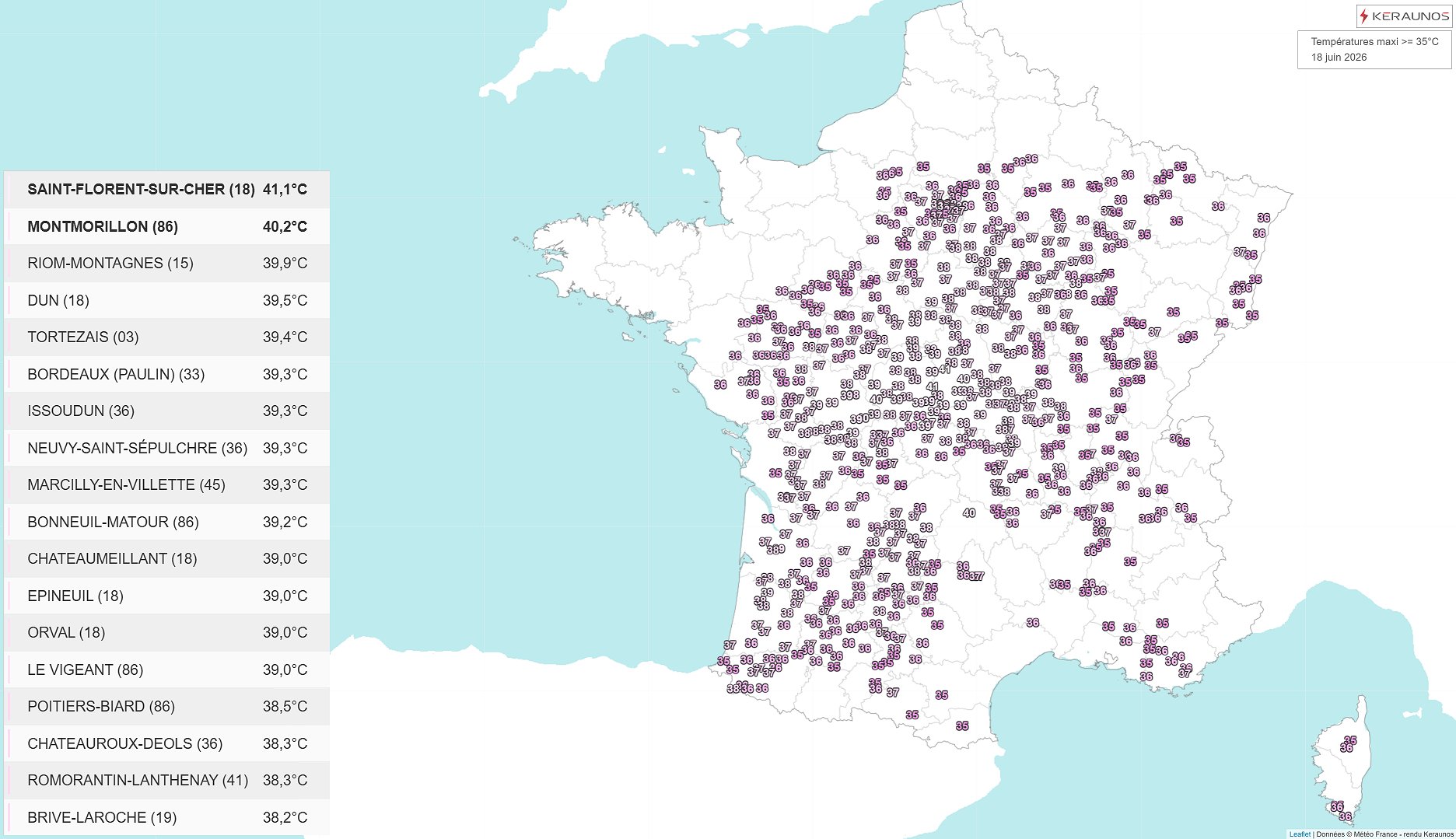 La chaleur a d&eacute;j&agrave; &eacute;t&eacute; marqu&eacute;e ce jeudi sur bon nombre de r&eacute;gions avec des valeurs proches de 40&deg;C dans le centre (Cher, Indre) sur des stations de qualit&eacute; m&eacute;diocre (surchauffe probable). En tous les cas, fr&eacute;quemment 37 &agrave; 39&deg;C avec une valeur proche de 37&deg;C &agrave; Paris (record de pr&eacute;cocit&eacute; pour une valeur > 35&deg;C &eacute;gal&eacute; &agrave; Montsouris).