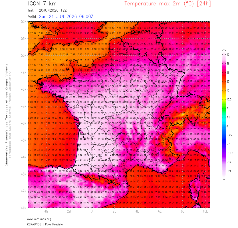 Demain, des valeurs &agrave; 40/41&deg;C sont attendues dans le sud-ouest, jusqu'&agrave; 39&deg;C au niveau de l'estuaire de la Loire. Ce dimanche marque le d&eacute;but de la hausse des valeurs qui culmineront ensuite entre lundi et mercredi vers des niveaux parfois in&eacute;dits depuis le d&eacute;but des observations.