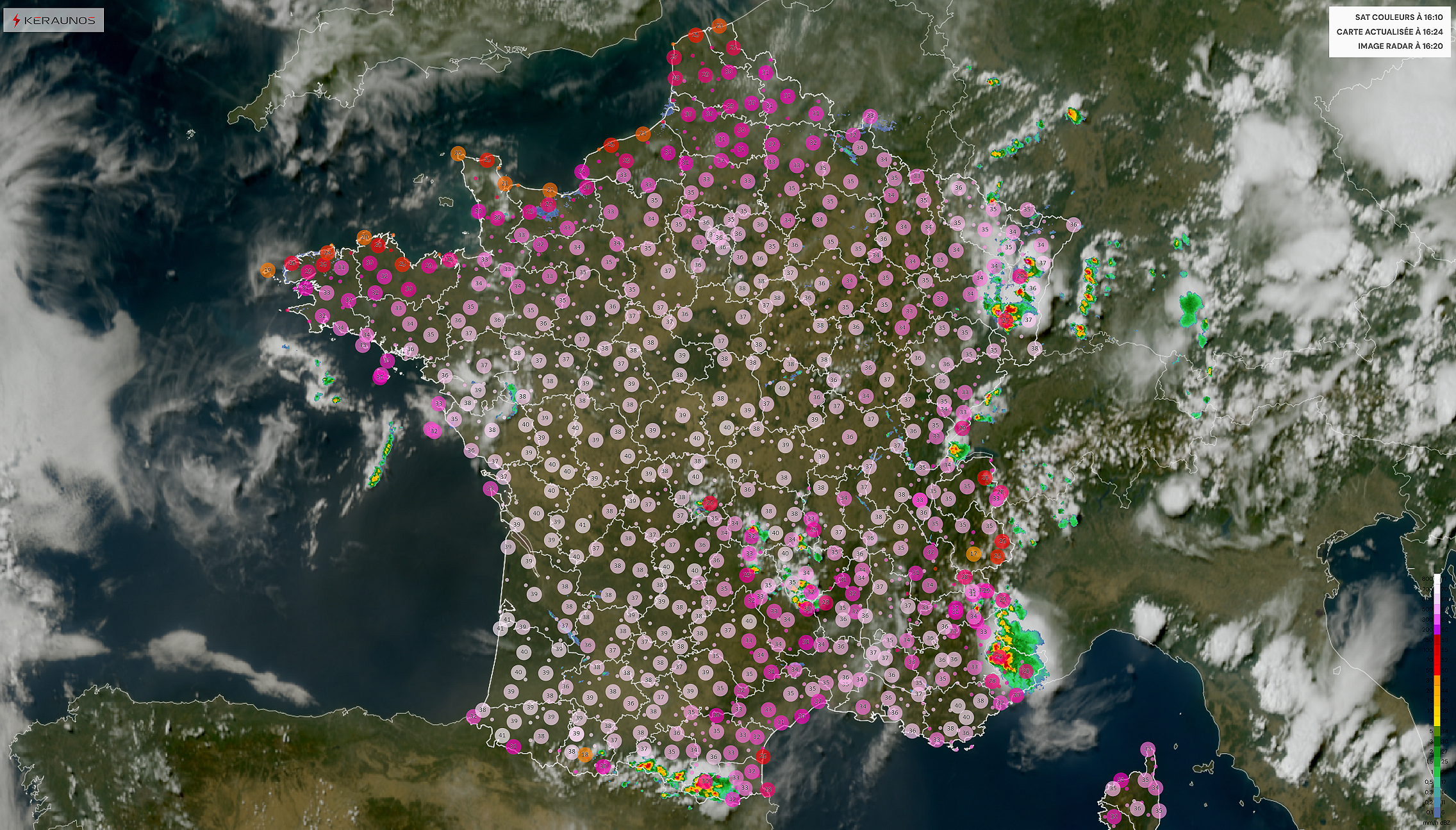 Quelques foyers orageux &eacute;clatent sur le nord-est, le sud des Alpes, l'Auvergne ou les Pyr&eacute;n&eacute;es cet apr&egrave;s-midi dans une France sous des valeurs de 35 &agrave; 42&deg;C. Les c&ocirc;tes de la Manche, soumises &agrave; un vent de nord-est sont bien au frais avec 19&deg;C de Ouessant &agrave; l'&icirc;le de Batz.&nbsp;