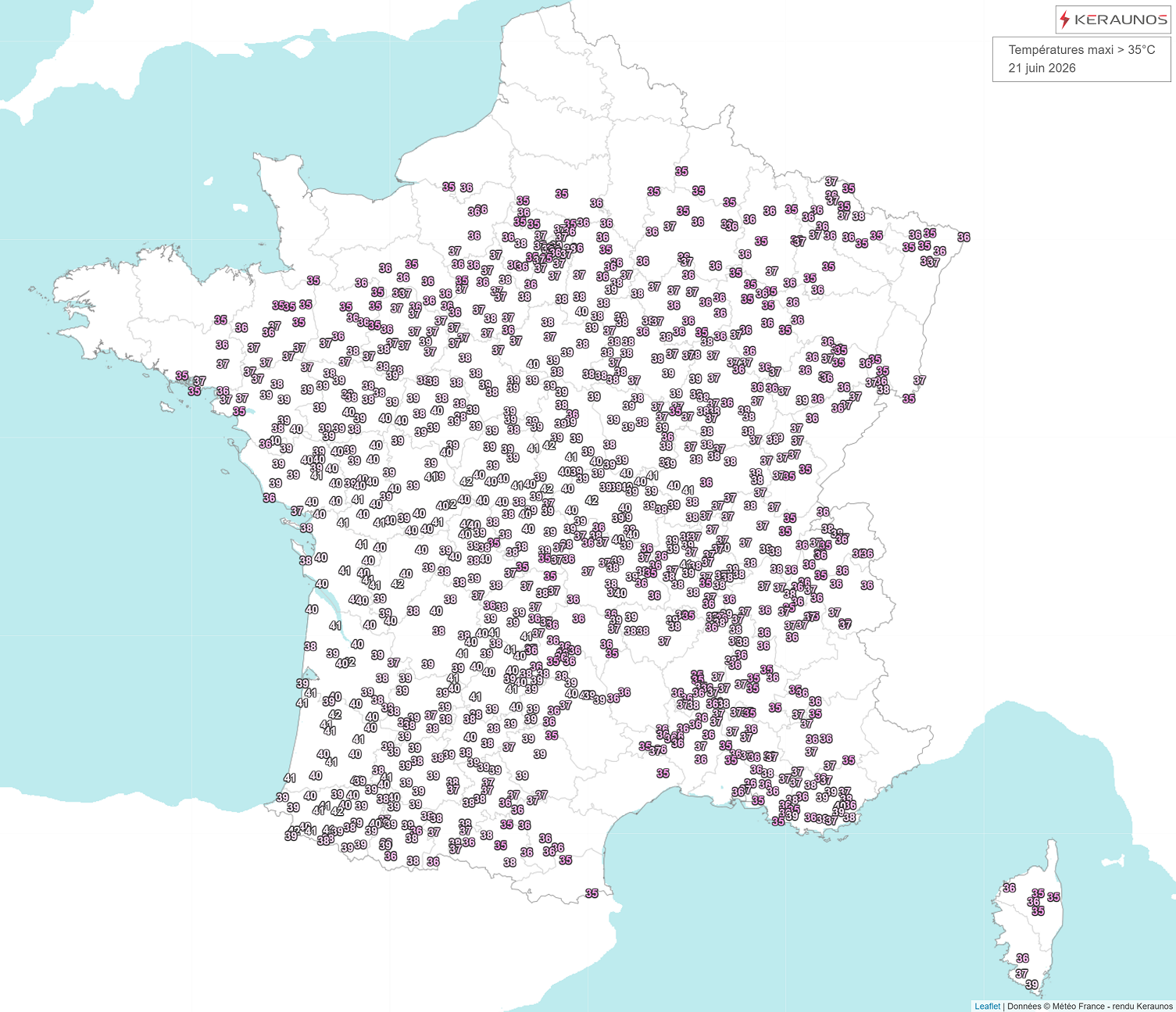 Les maximales sup&eacute;rieures &agrave; 35&deg;C prennent de l'ampleur ce dimanche avec 40 &agrave; 42&deg;C relev&eacute;s comme attendu de l'Aquitaine au sud du Centre. On peut retenir notamment : 42.2&deg;C &agrave; Ch&acirc;teaumeillant (18), 41.9&deg;C &agrave; Tortezais (03) et Banca (64), 41.8&deg;C au Blanc (36), 41.5&deg;C &agrave; Biscarosse (40), 40.8&deg;C &agrave; Brive (19) ou 40.5&deg;C &agrave; Niort (79).
Pr&egrave;s de 300 records pour un mois de juin ont &eacute;t&eacute; battus ce dimanche apr&egrave;s-midi, essentiellement sur le centre du pays. Ce n'est rien par rapport &agrave; la premi&egrave;re partie de semaine &agrave; venir o&ugrave; les records battus seront souvent absolus (tous mois confondus).