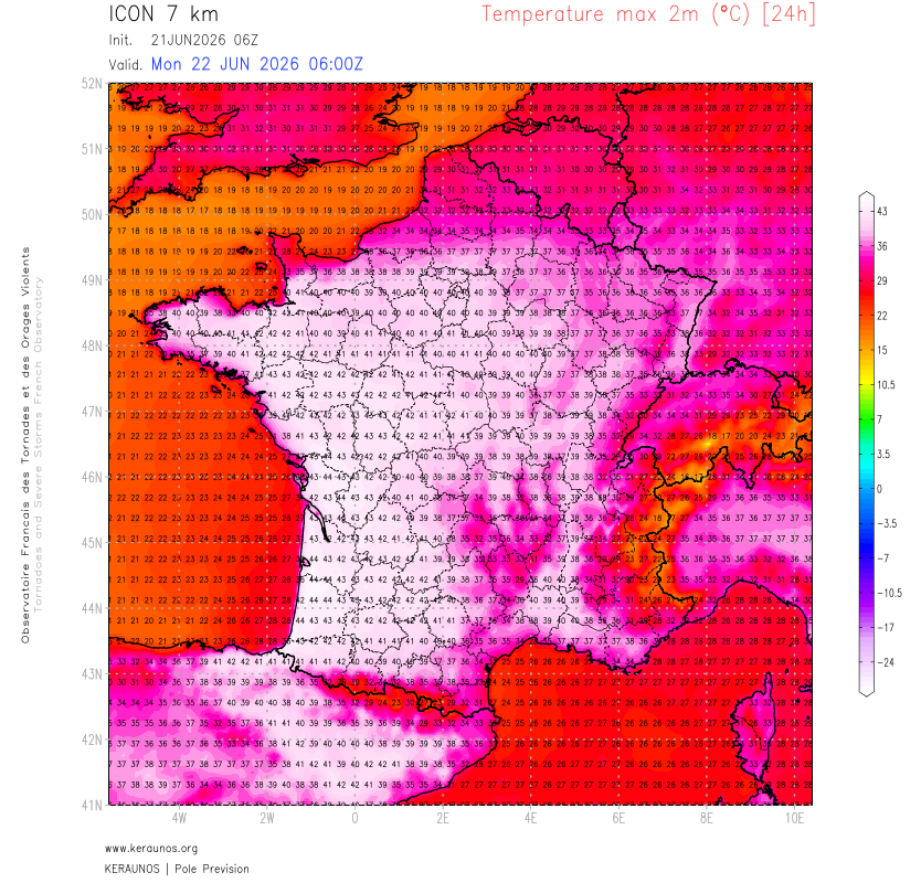 Demain lundi, la masse d'air va encore se r&eacute;chauffer de 1 &agrave; 2&deg;C vers 850 hPa. Les maximales attendues sont de l'ordre de 40 &agrave; 42&deg;C, localement 43&deg;C dans l'ouest avec des records absolus possibles. A noter la lev&eacute;e des vents d'Est, tr&egrave;s secs (15/20% d'humidit&eacute; relative pr&eacute;vue), avec les effets n&eacute;fastes sur la v&eacute;g&eacute;tation.
La nuit prochaine, certaines minimales pourraient ne pas descendre sous les 25&deg;C dans le centre-ouest. Il fera donc techniquement "chaud" toute la nuit (seuil de chaleur &agrave; 25&deg;C). Nuit tropicale (> 20&deg;C) sur la majeure partie du pays par ailleurs.