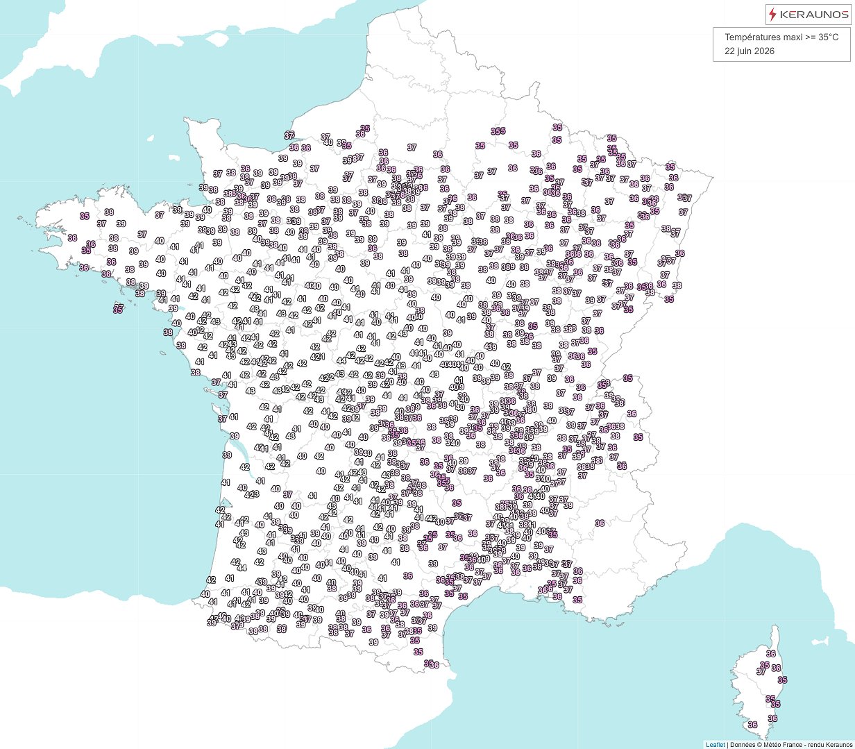 Souvent 41 &agrave; 43&deg;C dans l'ouest ce lundi, avec 41&deg;C en Bretagne, 43&deg;C voire un peu plus en Aquitaine ou dans le sud de la r&eacute;gion Centre (44.2&deg;C au Blanc dans l'Indre sur une station mal expos&eacute;e et 44.1&deg;C &agrave; B&eacute;gaar dans les Landes).Le record de maximale de la canicule de 2003 est donc &eacute;gal&eacute;.&nbsp;
80% du territoire a &eacute;t&eacute; concern&eacute; par des maximales sup&eacute;rieures &agrave; 35&deg;C (seuil de tr&egrave;s forte chaleur) et environ 300 stations ont atteint les 40&deg;C ou plus.