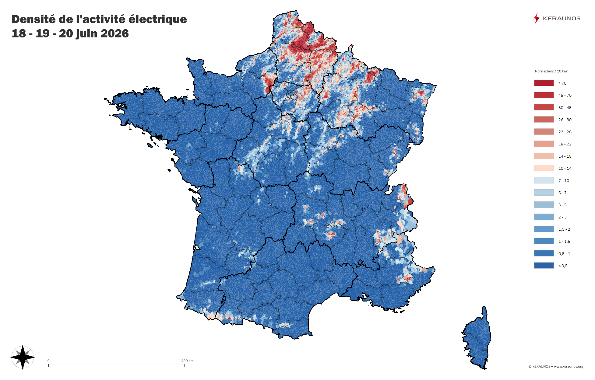 La s&eacute;quence orageuse du 18 au 20 juin a produit 157.307 &eacute;clairs sur la France, parmi lesquels 14.985 impacts au sol, soit 25% de l'activit&eacute; foudre de l'ann&eacute;e 2026 observ&eacute;e en 3 jours seulement.Classement des d&eacute;partements depuis le 1er janvier : Nord en t&ecirc;te des plus fortes densit&eacute;s d'&eacute;clairs (22 pour 10km&sup2;), suivi par les Ardennes (20) puis Alpes-de-Haute-Provence (16).