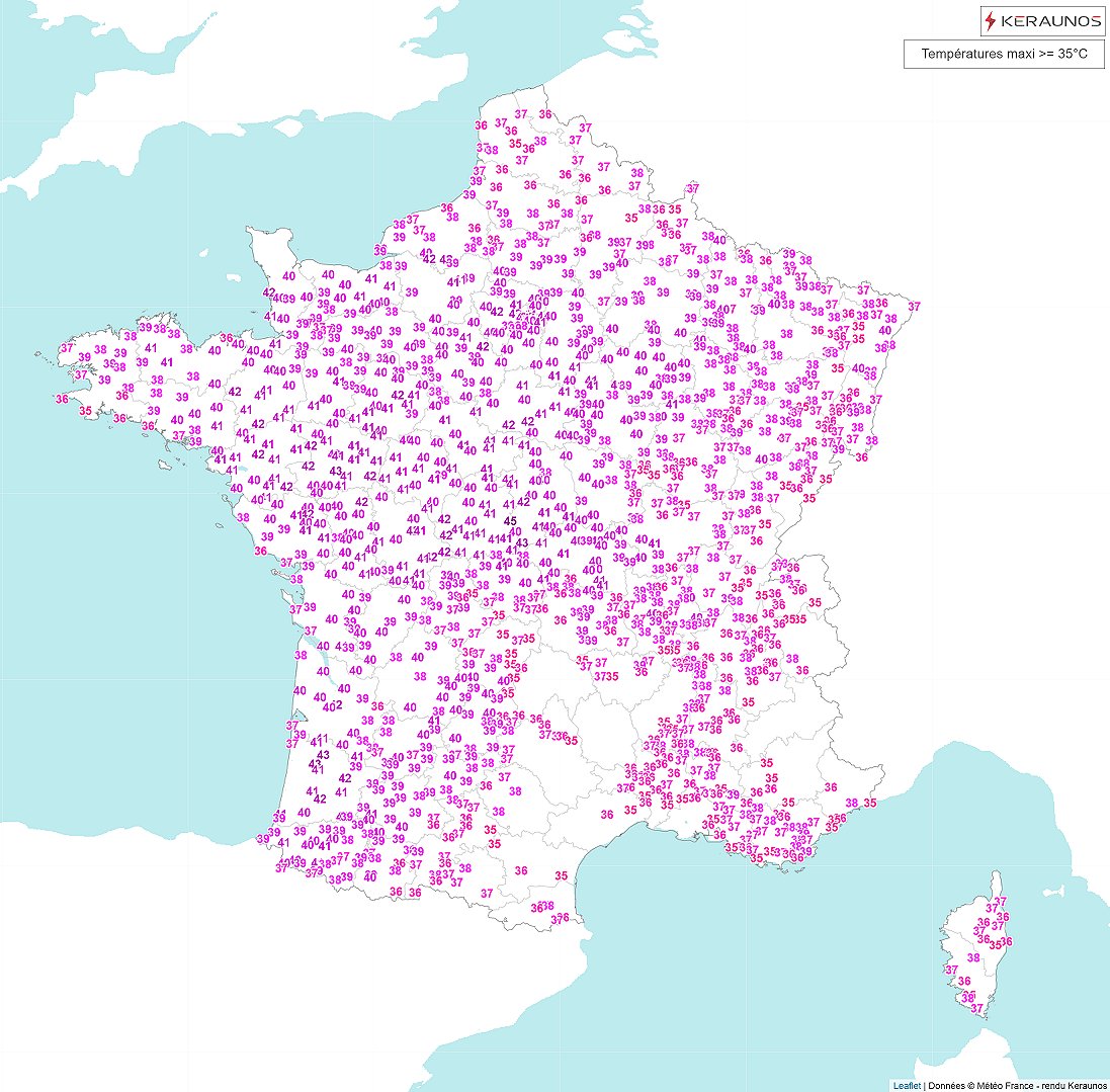 Une nouvelle journ&eacute;e extr&ecirc;mement chaude apr&egrave;s la nuit la plus chaude jamais observ&eacute;e en France. Des valeurs jusqu'&agrave; 41 voire 42&deg;C ont &eacute;t&eacute; relev&eacute;es jusque dans le d&eacute;partement de la Manche ! Il a fait 40.1&deg;C &agrave; Paris-Montsouris, pour la 5&egrave;me fois depuis l'ouverture de la station en 1872 (dont 2 fois ce mois-ci et 4 fois depuis 2019).A noter &eacute;galement qu'il s'agit du 4&egrave;me jour cons&eacute;cutif > 40&deg;C &agrave; Nantes ou Bordeaux-M&eacute;rignac !