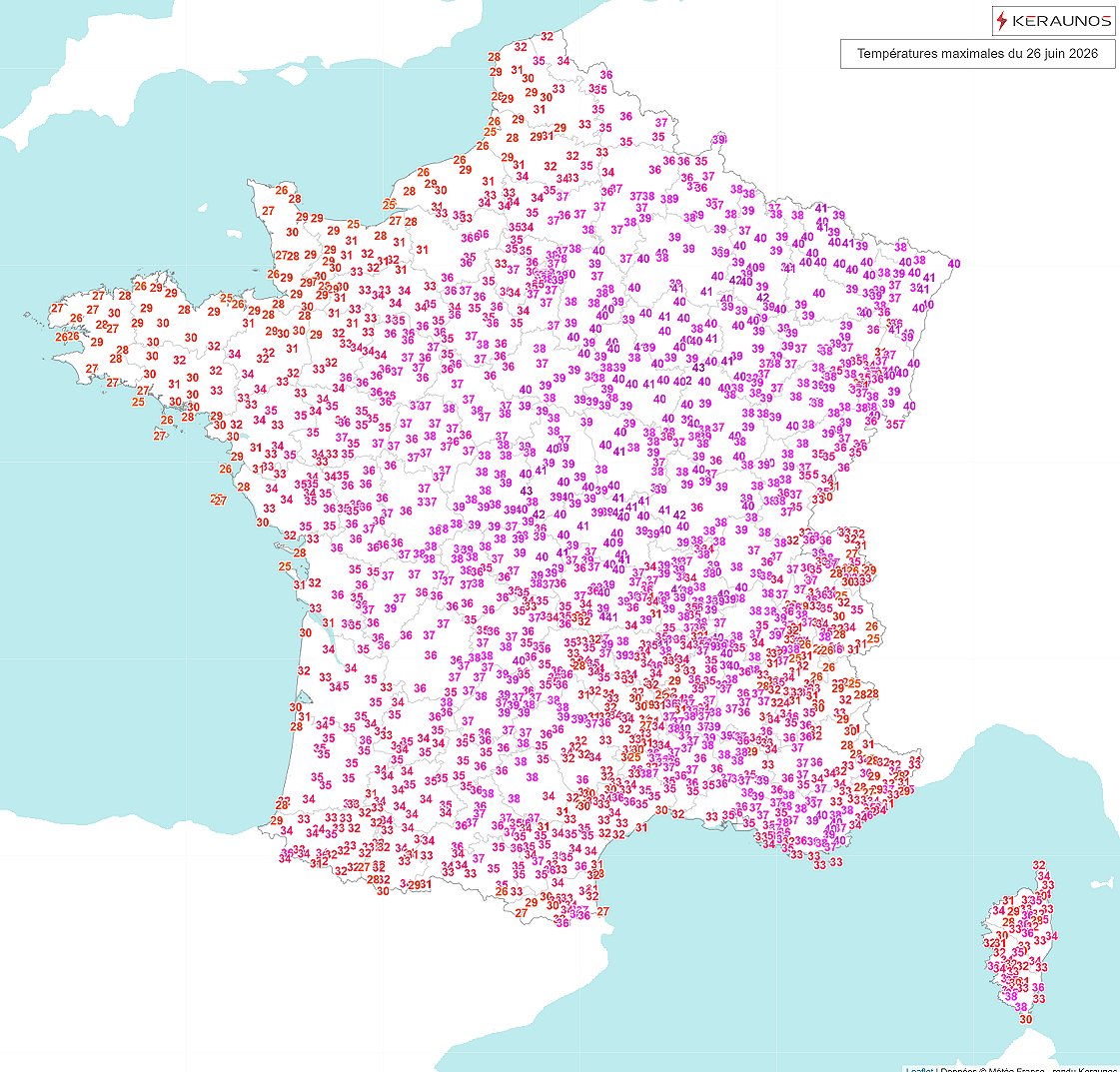Les tr&egrave;s fortes chaleurs (> 35&deg;C) ont c&eacute;d&eacute; du terrain ce vendredi sur la frange ouest et pr&egrave;s de la Manche avec l'entr&eacute;e de vents d'origine maritime. Mais l'axe le plus chaud s'est d&eacute;cal&eacute; vers l'est avec des records absolus battus &agrave; Strasbourg, B&acirc;le-Mulhouse, Metz, Nancy ou Belfort et des records mensuels de Lyon &agrave; Saint-Etienne, de Lons-le-Saunier &agrave; Colmar ou Troyes.