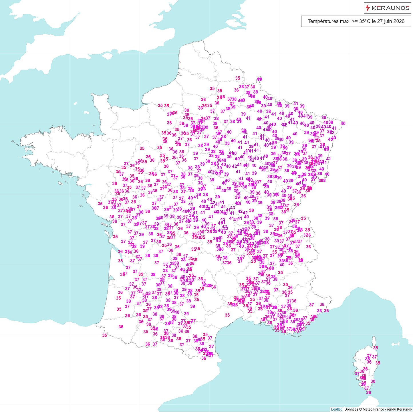 Encore une journ&eacute;e exceptionnelle dans l'est avec fr&eacute;quemment 38 &agrave; 42&deg;C du Massif Central aux fronti&egrave;res allemandes ce samedi. A noter jusqu'&agrave; 41&deg;C dans les Pyr&eacute;n&eacute;es-Orientales &eacute;galement et des valeurs > 35&deg;C sur les trois quarts du pays.
