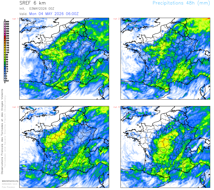 Le d&eacute;but de semaine s'annonce tr&egrave;s pluvieux, avec un risque de forts cumuls de pluie en 48h sur le nord, entre Centre et fronti&egrave;res belges d'une part et autour de la M&eacute;diterran&eacute;e d'autre part. Pour la journ&eacute;e de mardi, les probabilit&eacute;s de cumuls 24h > 100 mm r&eacute;agissent faiblement entre bassin parisien et Centre.&nbsp;