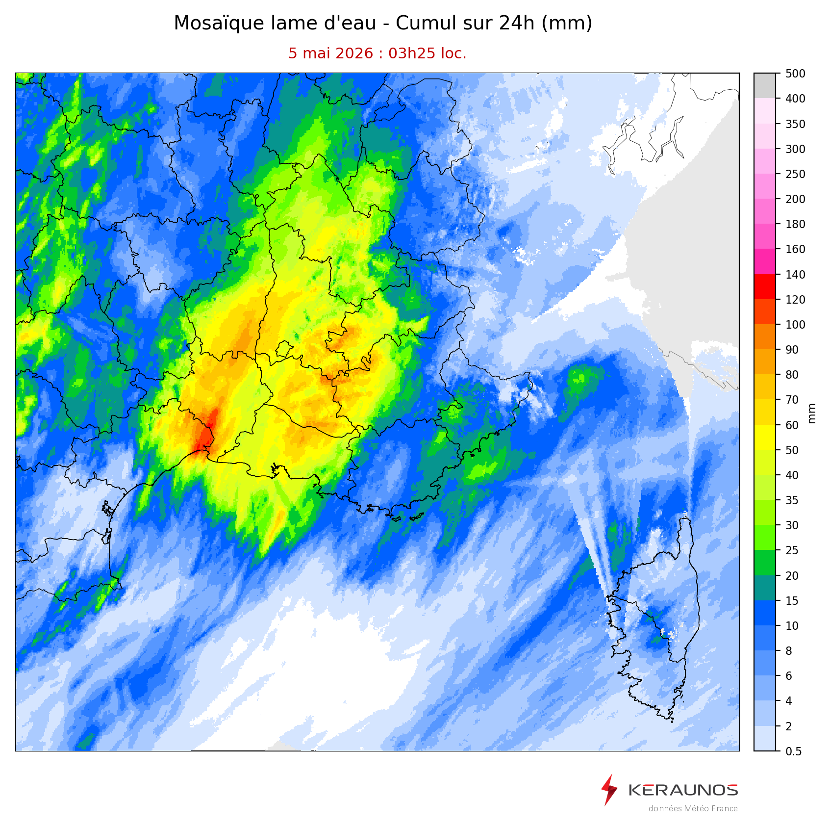 Comme attendu, les pluies ont &eacute;t&eacute; localement abondantes entre l'extr&ecirc;me est de l'H&eacute;rault et le sud du Gard ce lundi, avec des lames d'eau > 100 mm en 24h.