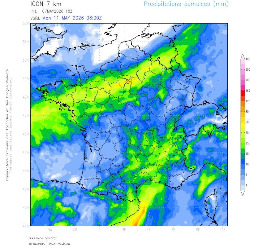 Un nouveau front ondulant va concerner le nord du pays en fin de week-end, avec un bon arrosage &agrave; la cl&eacute;. Son positionnement exact reste &agrave; pr&eacute;ciser entre l'estuaire de la Loire et les Ardennes.
Des orages sont pr&eacute;vus, isol&eacute;ment forts, dans le courant du week-end mais le risque de ph&eacute;nom&egrave;nes r&eacute;ellement s&eacute;v&egrave;res para&icirc;t faible.&nbsp;