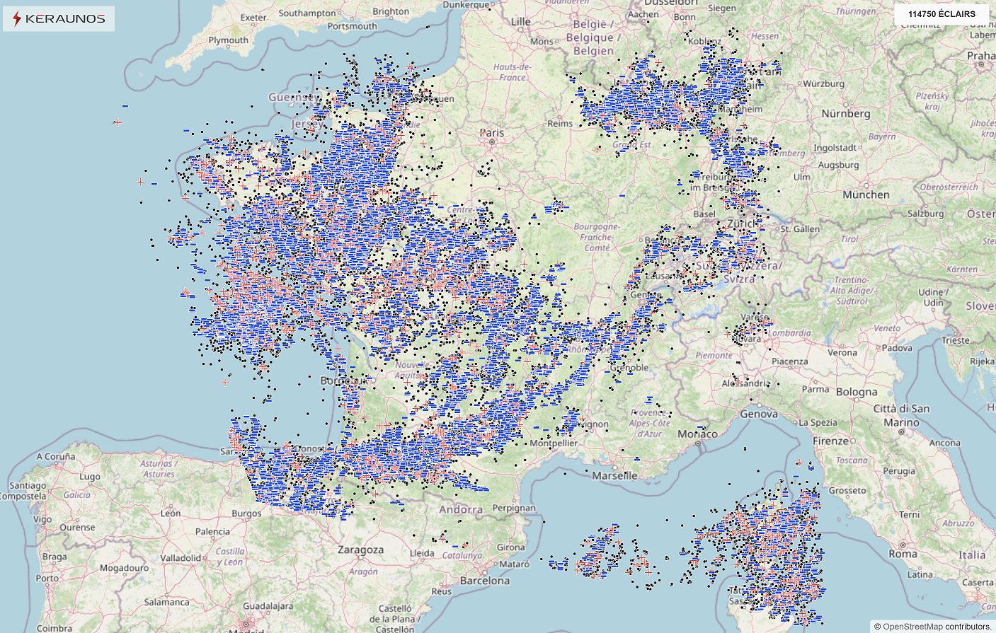 Comme le pr&eacute;c&eacute;dent, ce week-end du 8 mai a &eacute;t&eacute; bien orageux dans l'ouest et le sud du pays. Pr&egrave;s de 70 000 &eacute;clairs ont &eacute;t&eacute; relev&eacute;s sur la France durant ces 3 jours. Parmi eux, pr&egrave;s de 8300 impacts de foudre d&eacute;tect&eacute;s.
L'impact le plus puissant a &eacute;t&eacute; relev&eacute; &agrave; Etrich&eacute; en Maine-et-Loire avec 305 kA le 10 mai.