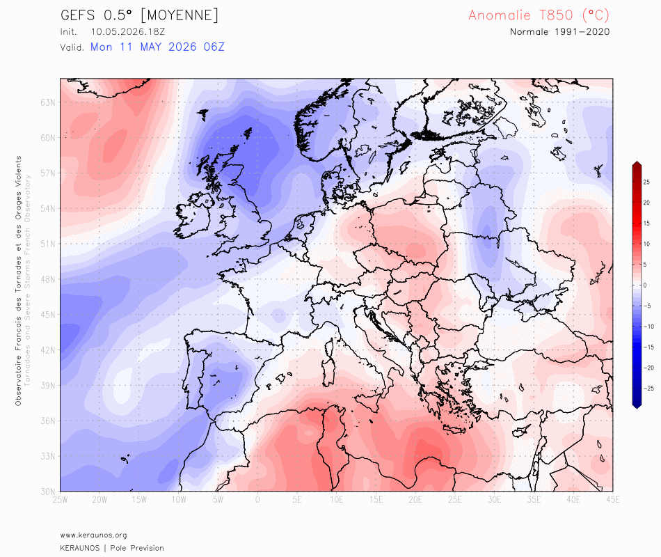 La tendance est &agrave; une deuxi&egrave;me d&eacute;cade de mai bien plus fra&icirc;che que la normale au niveau de la masse d'air sur une bonne partie de l'Europe. Des niveaux 5 &agrave; 10&deg;C sous les normales sont pr&eacute;vus vers 1500 m (altitude d'analyse de la masse d'air).