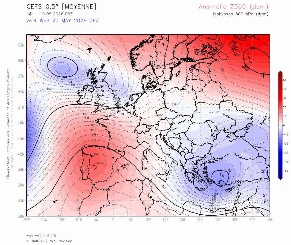 Un r&eacute;gime de dorsale anticyclonique va s'imposer globalement sur l'ouest de l'Europe ces 7 prochains jours. Cette dorsale devrait se montrer particuli&egrave;rement puissante pour cette p&eacute;riode de l'ann&eacute;e, notamment en fin de semaine en Manche o&ugrave; les g&eacute;opotentiels pourraient atteindre des valeurs records pour un mois de mai.