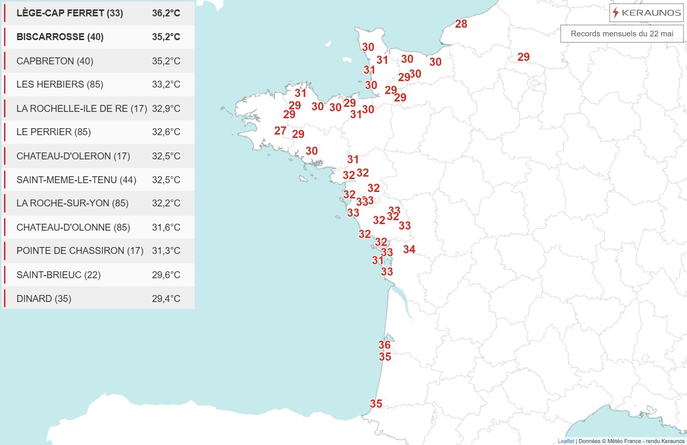 Records mensuels battus sur des stations proches de l'Atlantique ce vendredi 22 mai avec des valeurs dignes d'une canicule estivale &agrave; plus de 36&deg;C sur le littoral aquitain. D'autres records &agrave; venir ces prochains jours pour cette p&eacute;riode qui s'annonce historique pour un mois de mai.